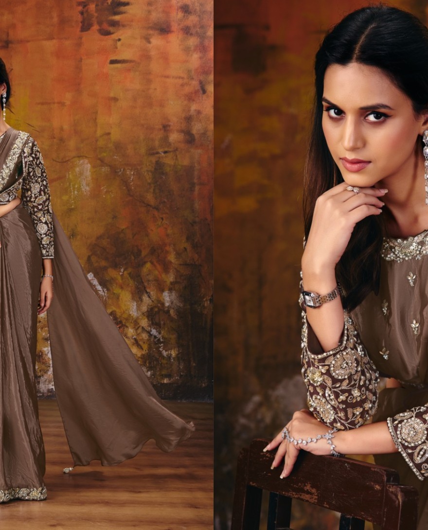 27107 - Coffee Brown Embroidered Wedding Party Designer Saree